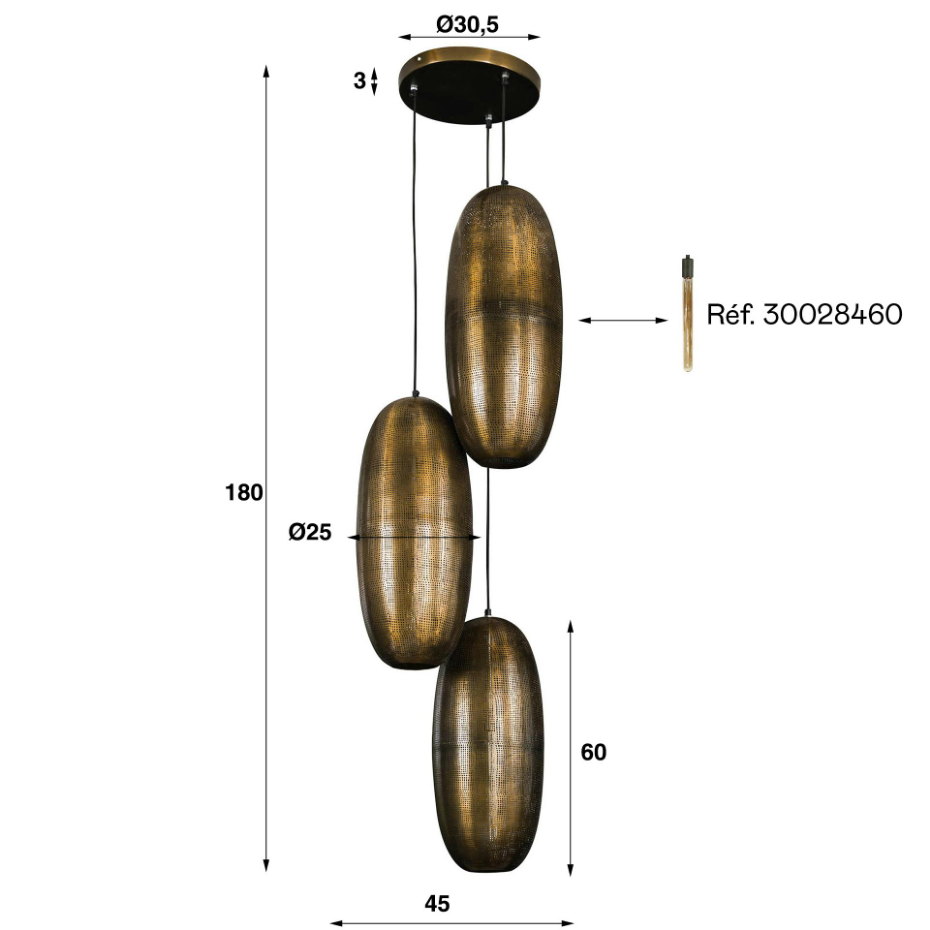 Suspension vintage 3 lampes cuivrées forme ellipse RALF