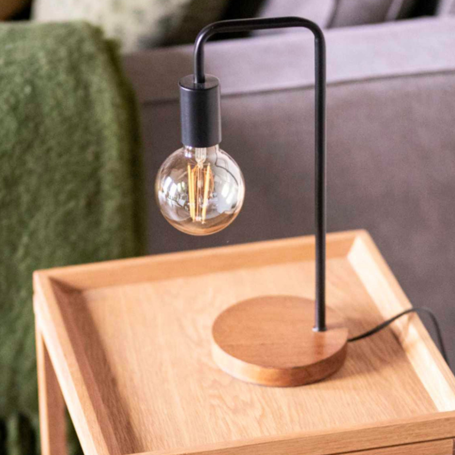 Lampe à Poser Courbée Design en Bois et Métal Noir