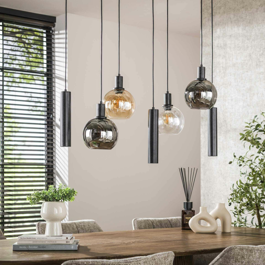Suspension cuisine vintage - 4 globes verre, 3 cylindres NOVA