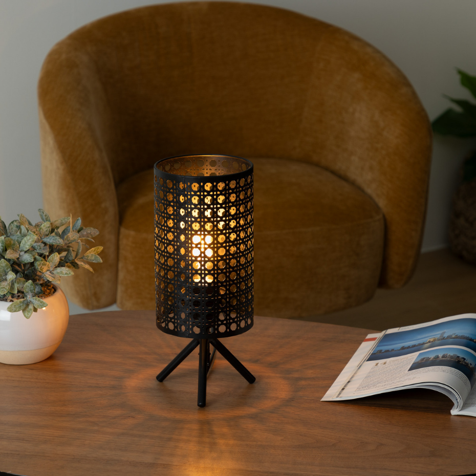 Lampe trépied fer abat jour cannage KATEL