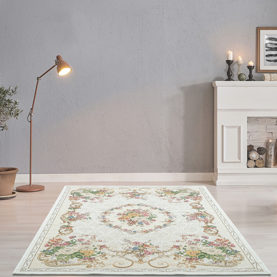 Tapis floral tissé à la machine avec bordure - Flomi