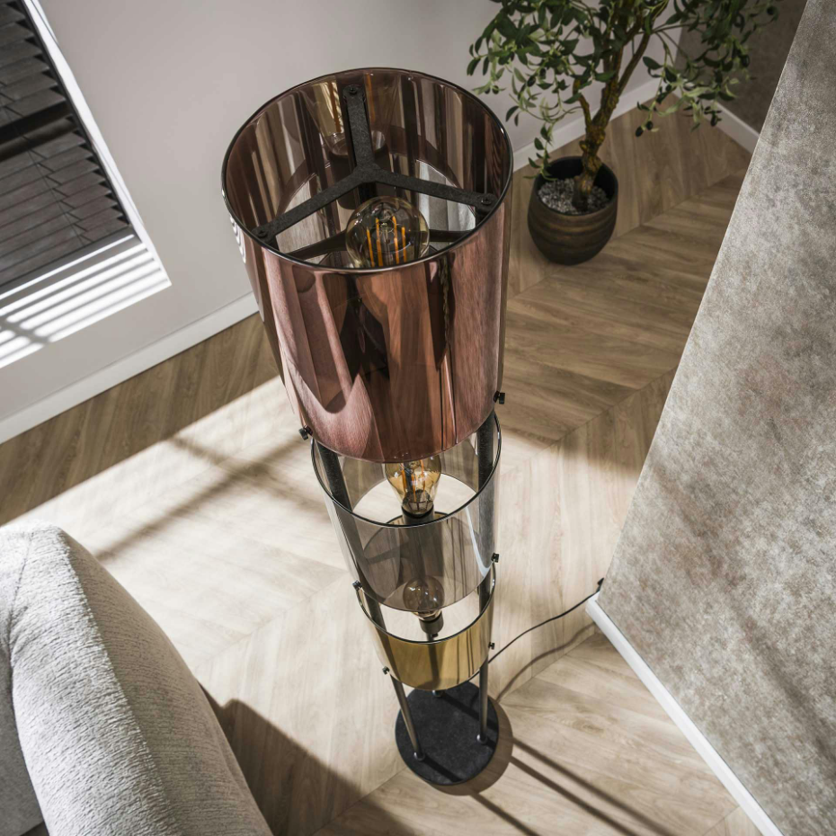 Lampadaire moderne tricolore, 3 abat-jour en verre NIAGARA