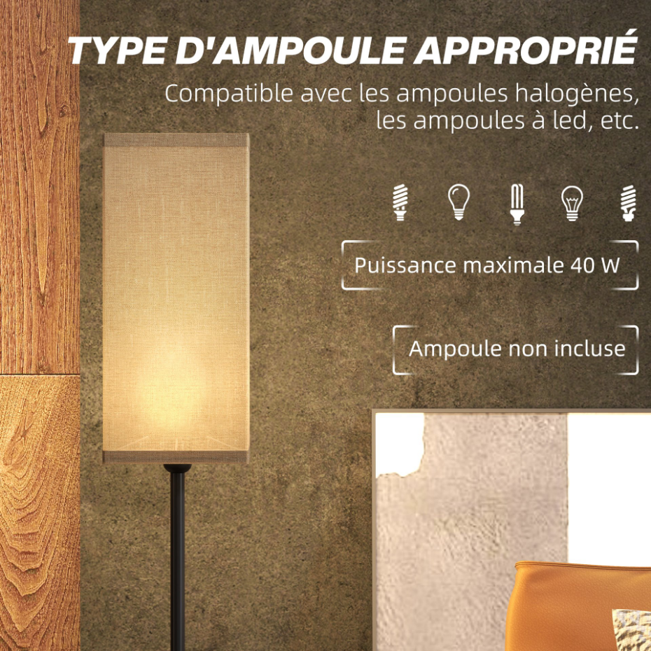 Lampadaire droit style moderne H.161 cm métal noir beige effet lin