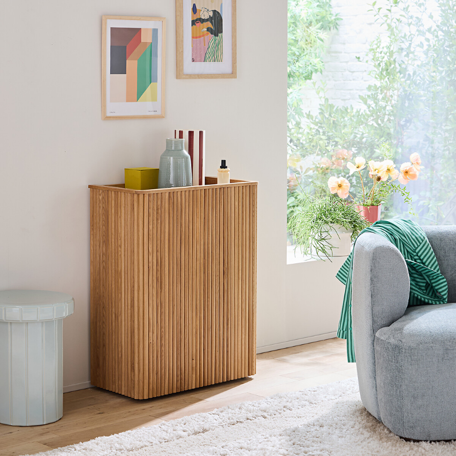 Console, rangement à roulettes, en plaqué chêne, Tamula