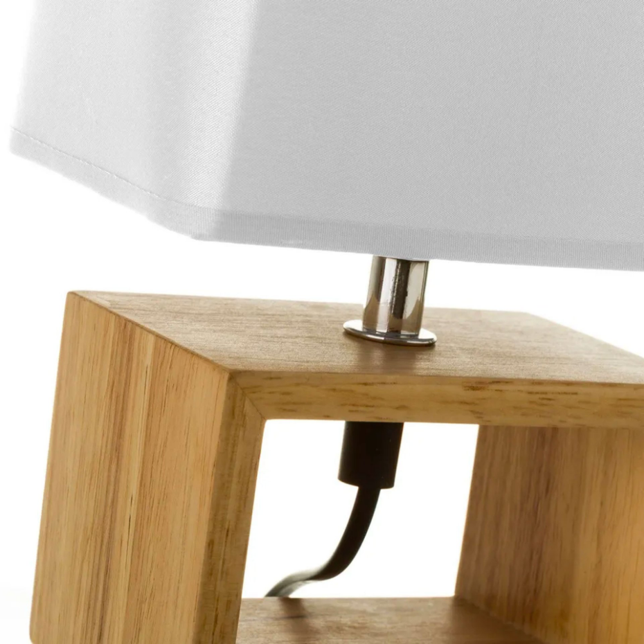 Lampe à Poser Rectangle Bois Abat-jour Blanc