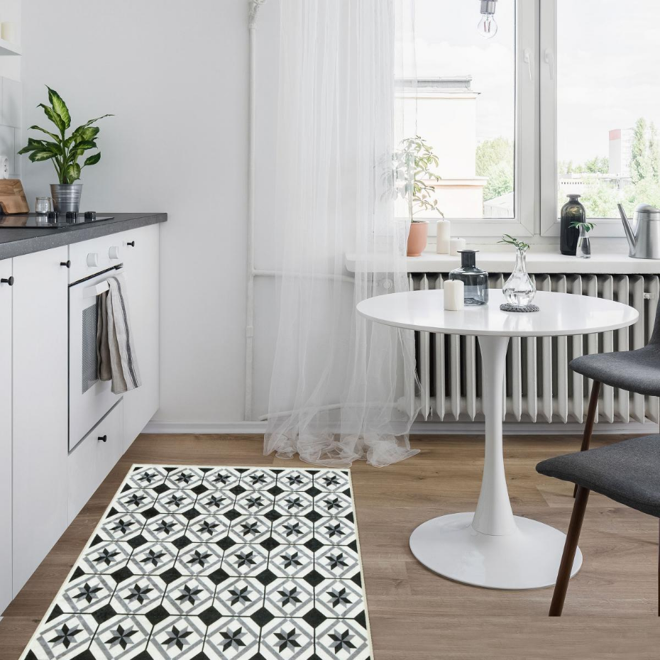 Tapis de cuisine motif carreaux de ciment LYN11 N&B
