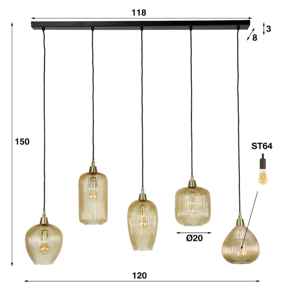 Suspension 5 globes en verre - AMBRE