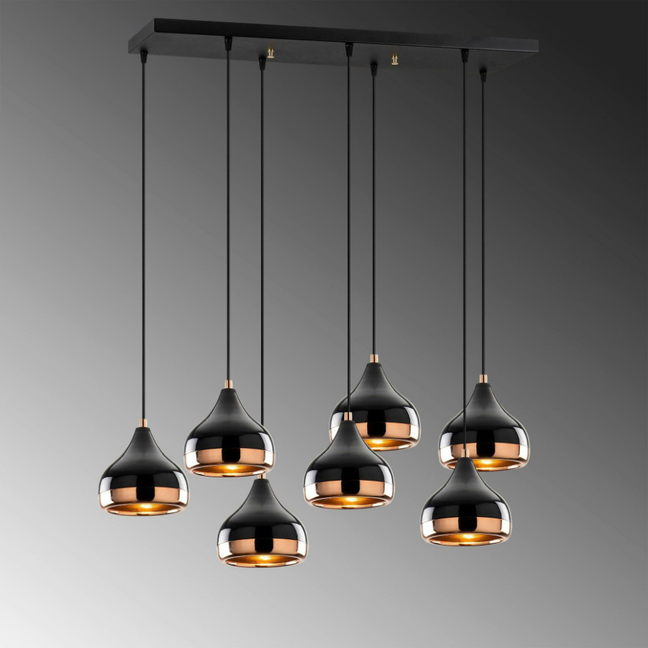 Suspension de table noire & cuivre, 7 abat-jour SILE