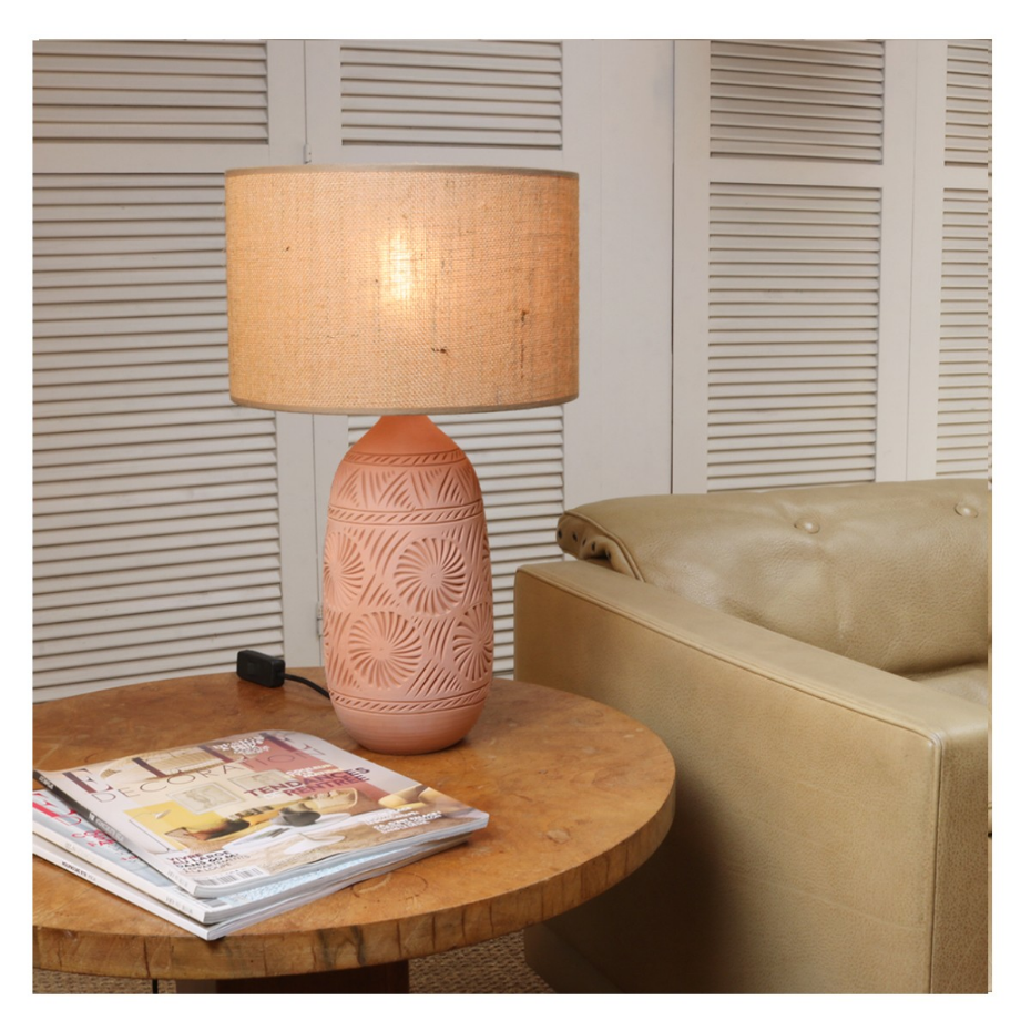 Lampe en terre cuite avec abat-jour jute, KÉO SOLEIL