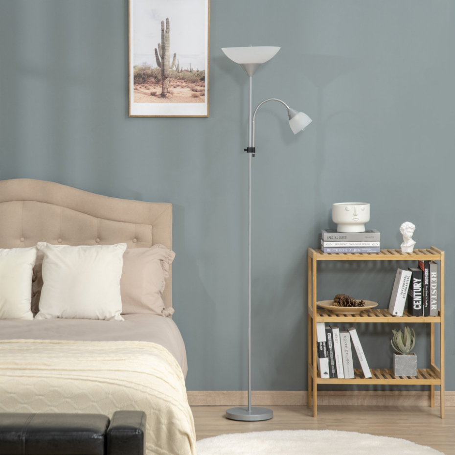 Lampadaire 2 têtes base métal dim. Ø28 x 179,5H cm gris blanc