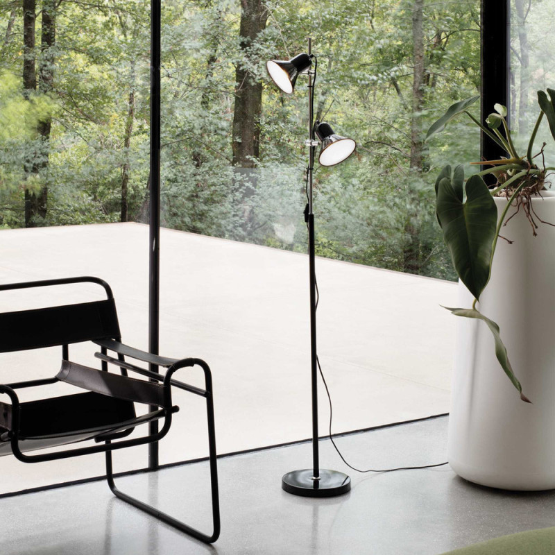 Lampadaire 2 diffuseurs métal noir et chrome Polly