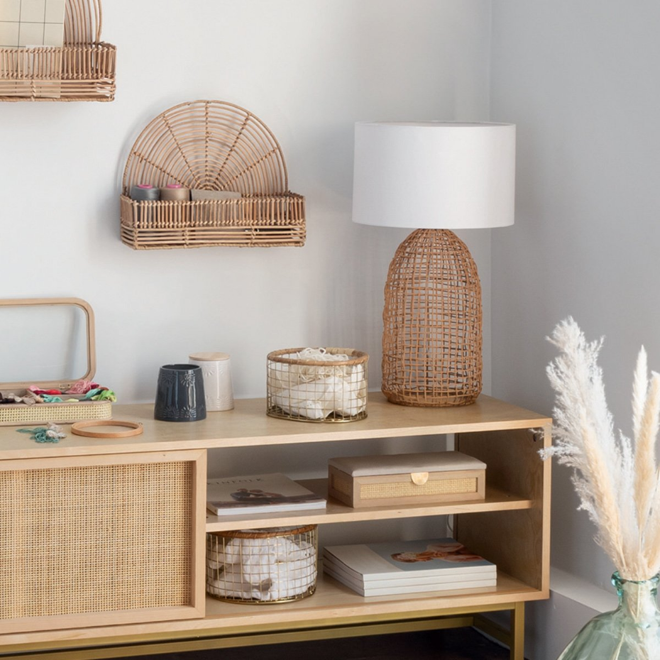 Lampe rotin tressé et tissu ethnique KARLA