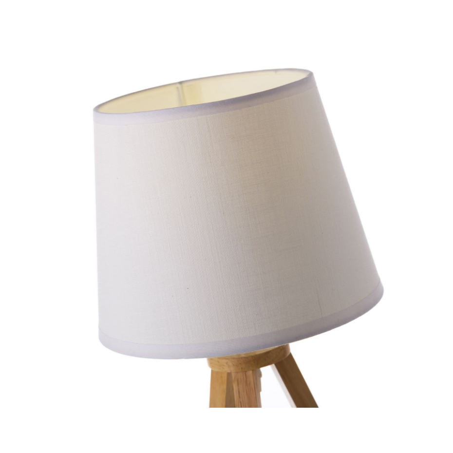 Lampe à Poser Trépied en Bois et Abat-jour Blanc