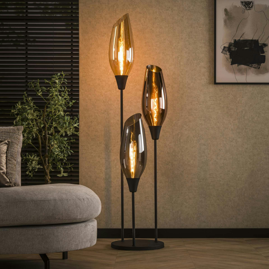 Lampadaire vintage XL avec abat-jour en verre forme torche NIAGARA