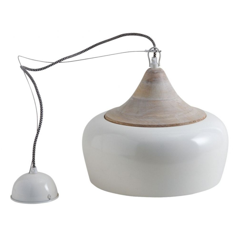Lampe suspension en métal laqué et bois Ivoire