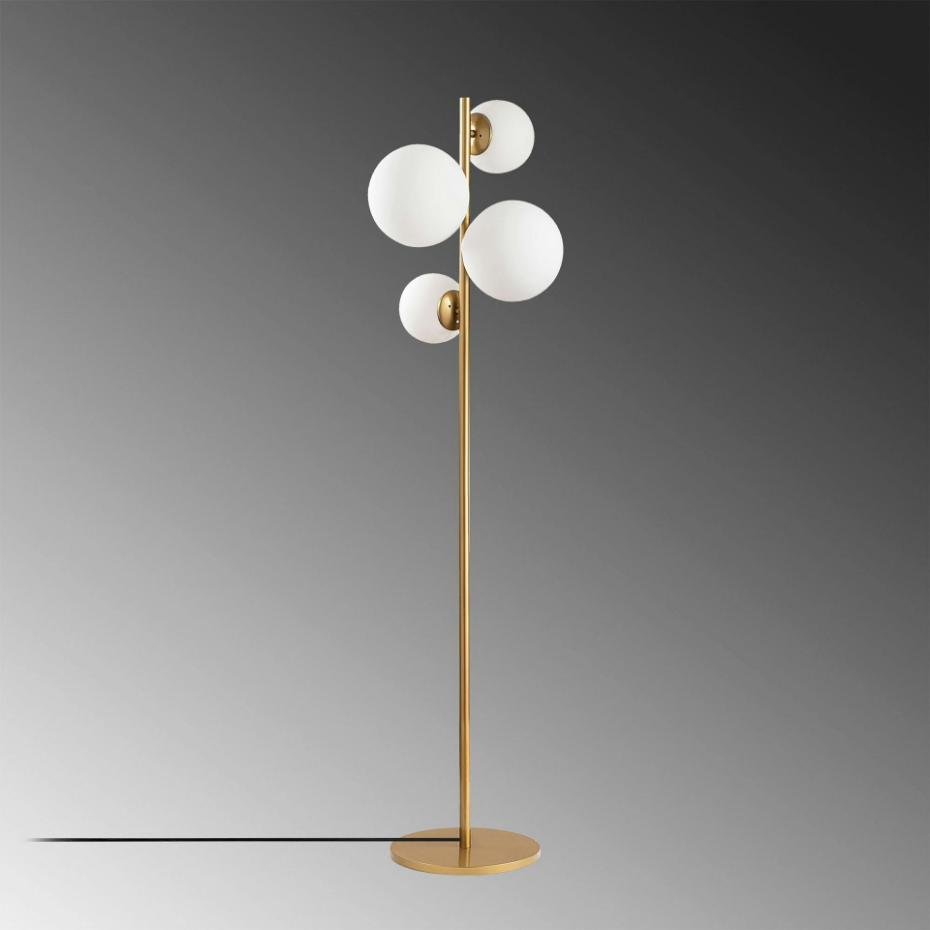Lampadaire art déco doré, 4 globes verre dépoli SIERRE