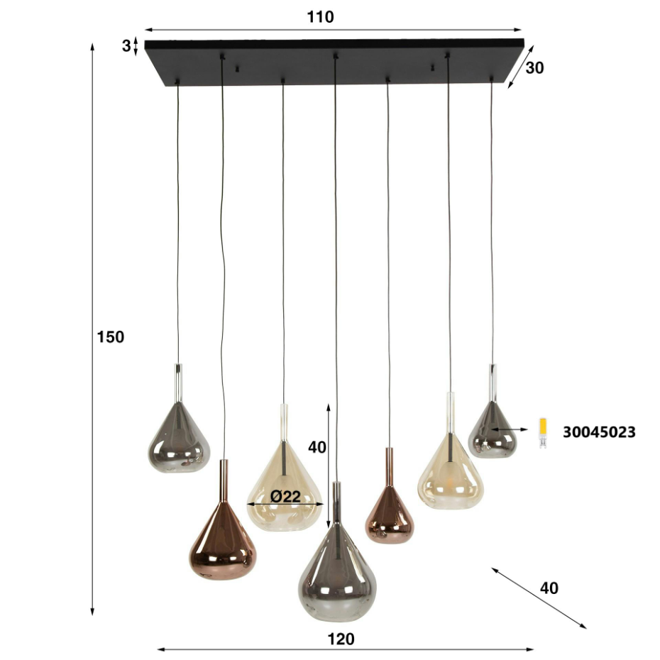 Suspension en verres assortis forme goutte 7 abat-jour NIAGARA