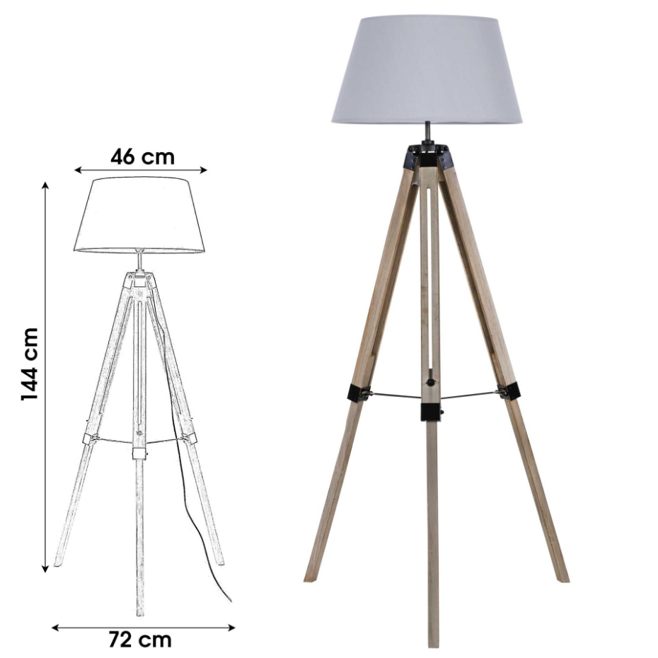 Lampadaire Trépied Bois Abat-jour Gris Clair
