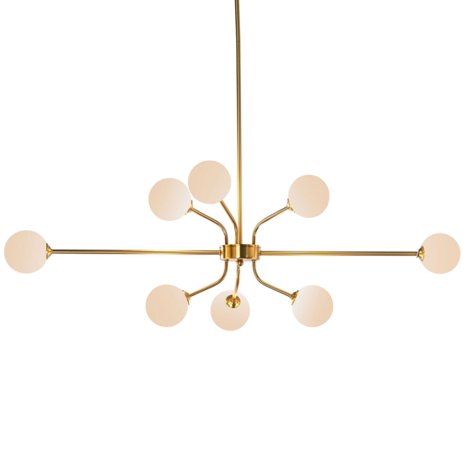 Suspension en métal doré et 8 globes en verre opale blanc 110x38x38cm