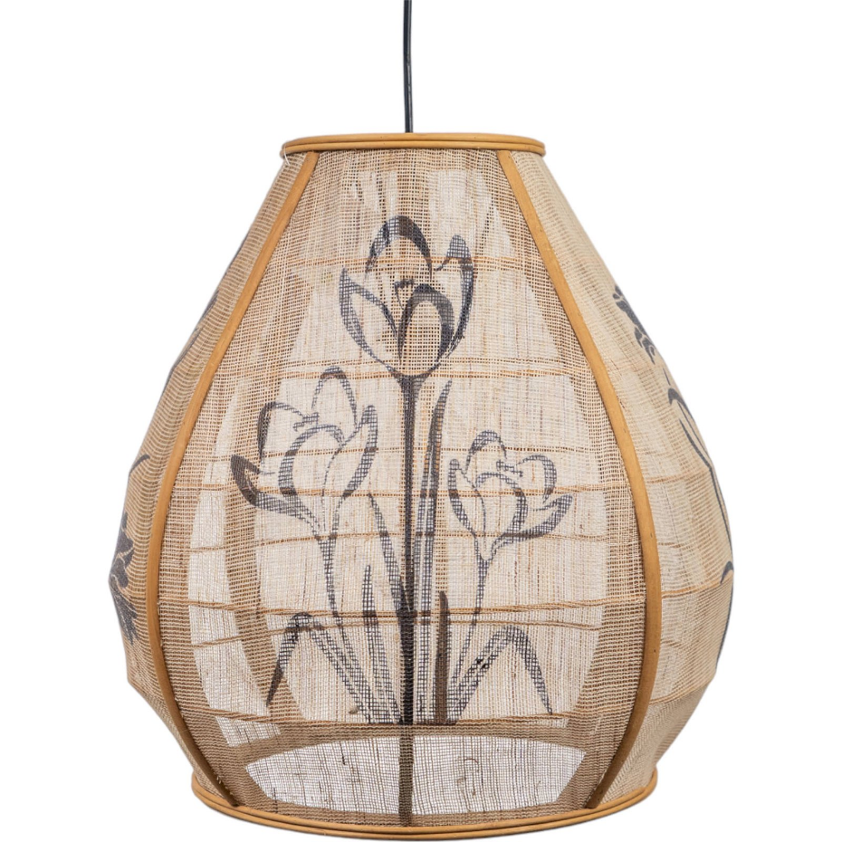 Suspension en bambou et jute motif floral peint main