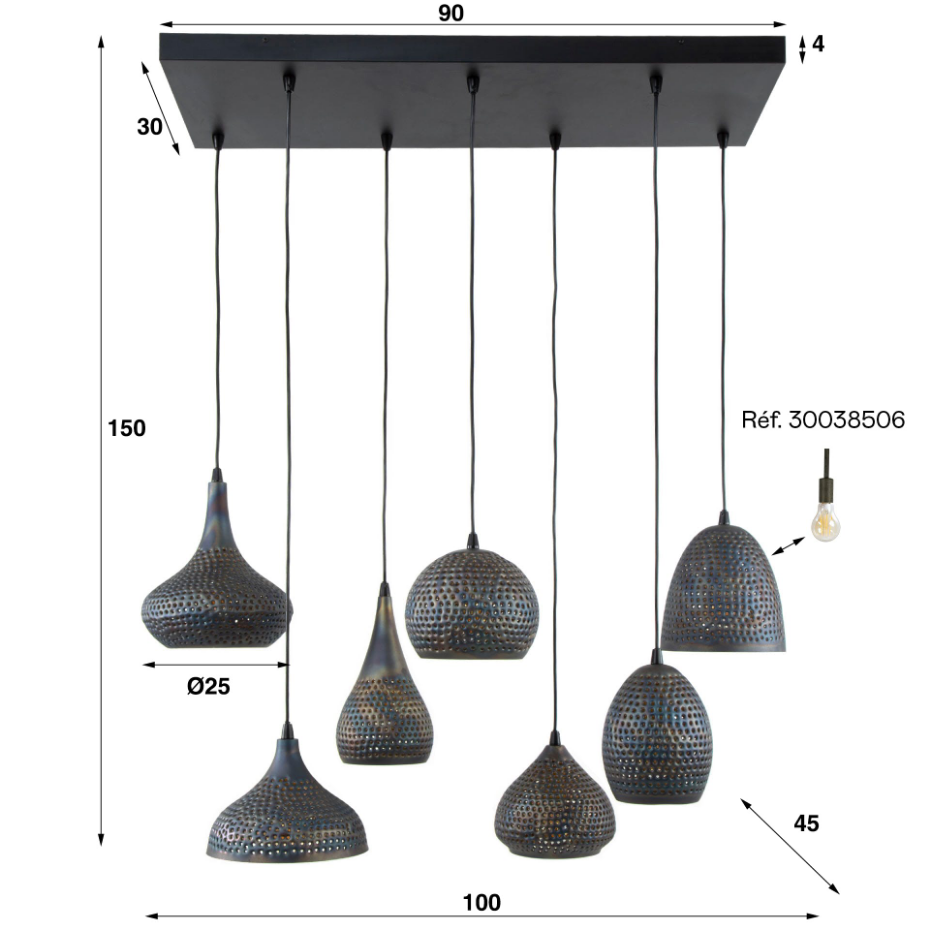 Suspension multiple 7 lampes en métal brun sombre JAVA