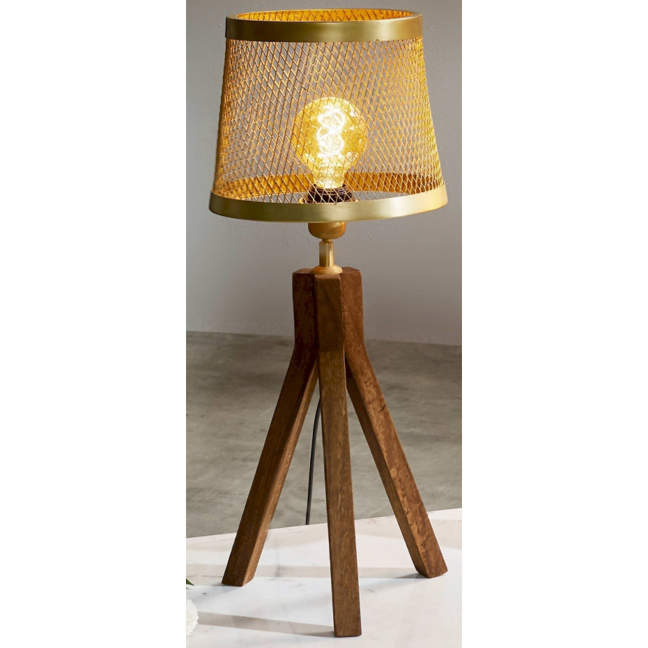 Lampe de table trépied en bois et abat-jour grillagé rond