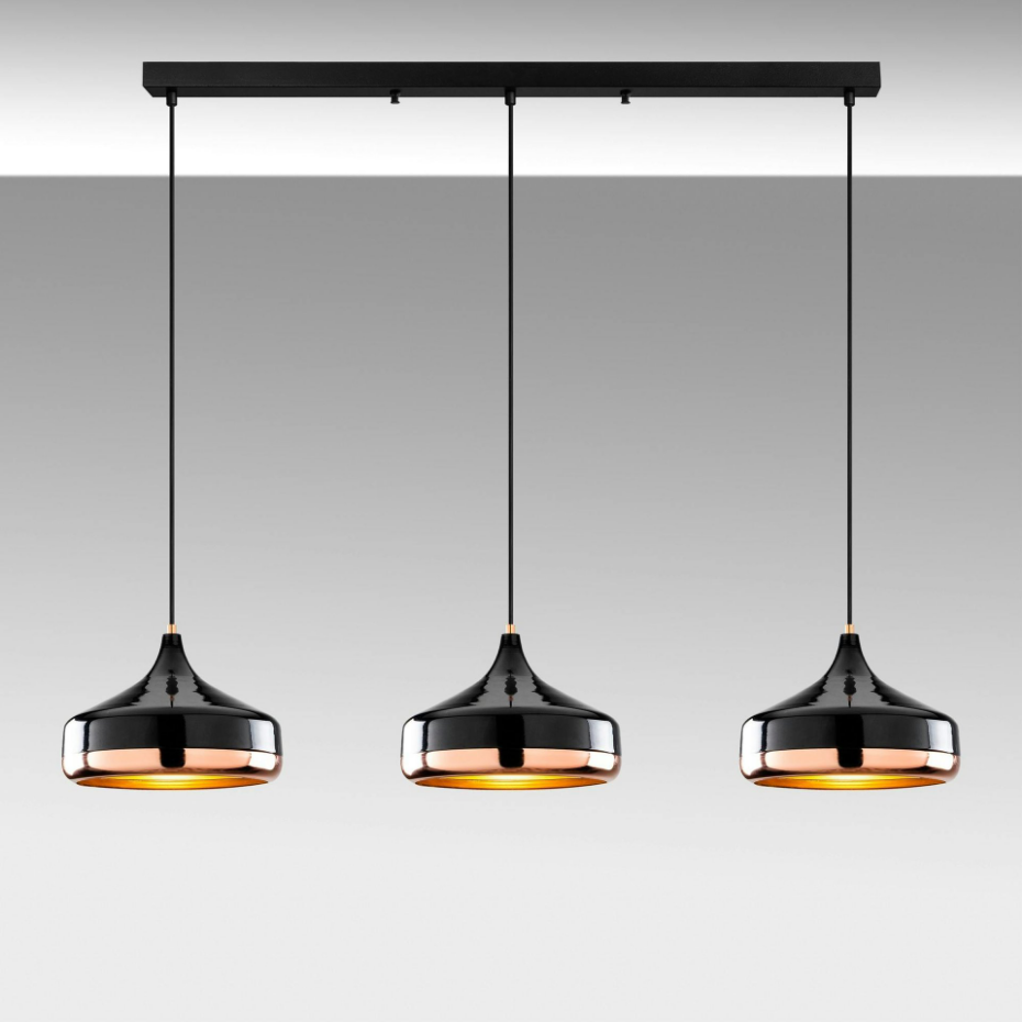 Suspension de table noire & cuivre, 3 abat-jour évasés SILE
