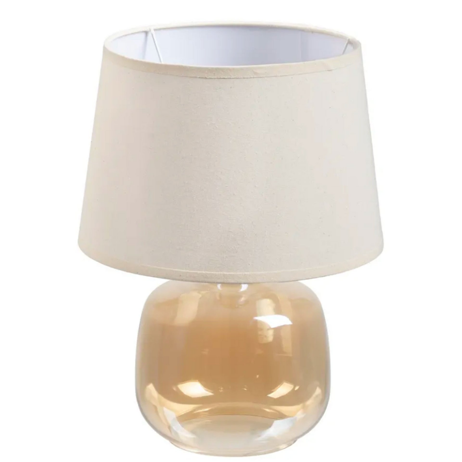 Lampe à poser pied en verre beige doré et abat jour beige 27x27x37cm