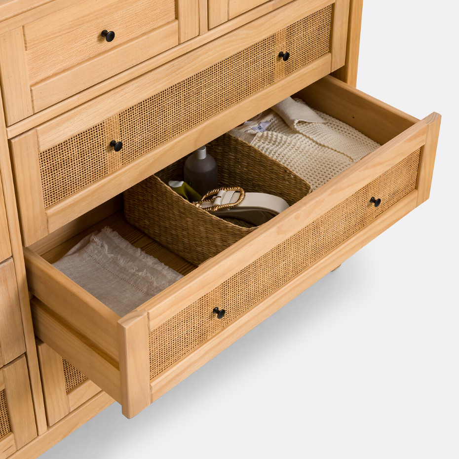 Commode en pin massif et cannage 10 tiroirs, Gabin