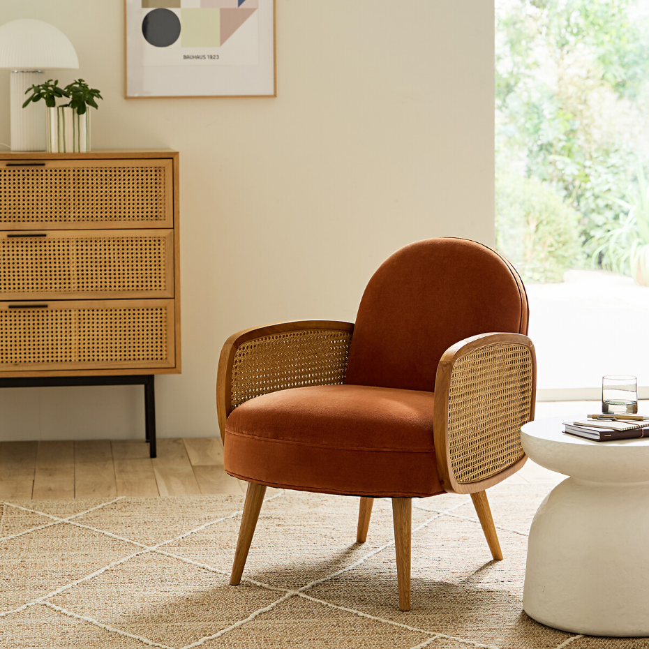 Fauteuil velours et cannage, Buisseau