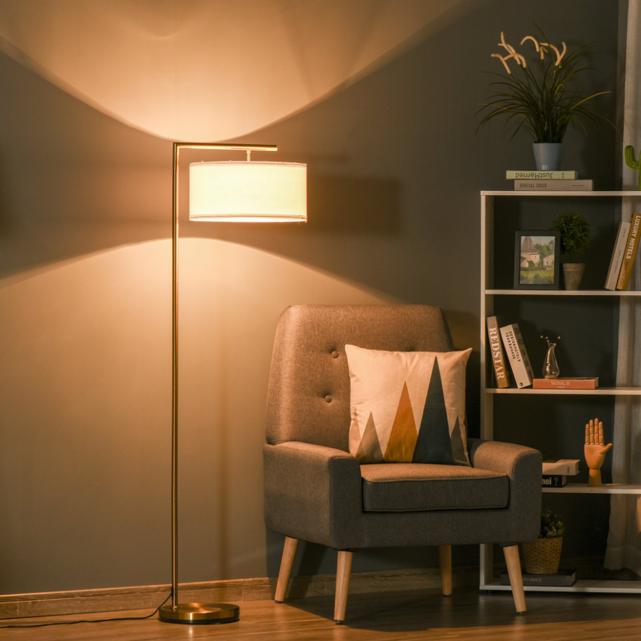 Lampadaire design néo-rétro 153H cm abat-jour aspect lin blanc métal doré