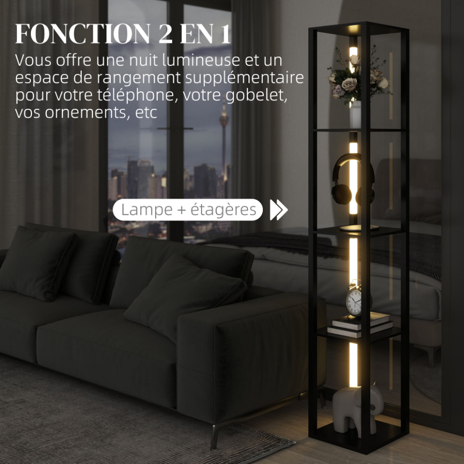 Lampadaire étagères LED 4 niveaux luminosité réglable MDF noir