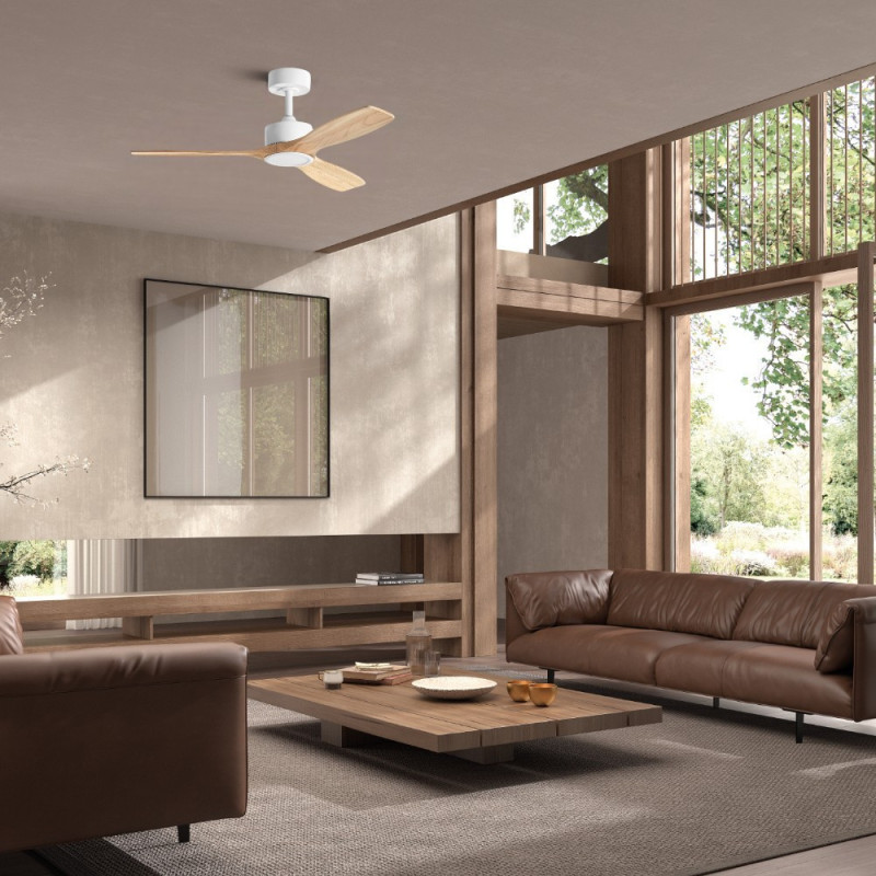 Ventilateur de plafond lumineux blanc et bois Santorini