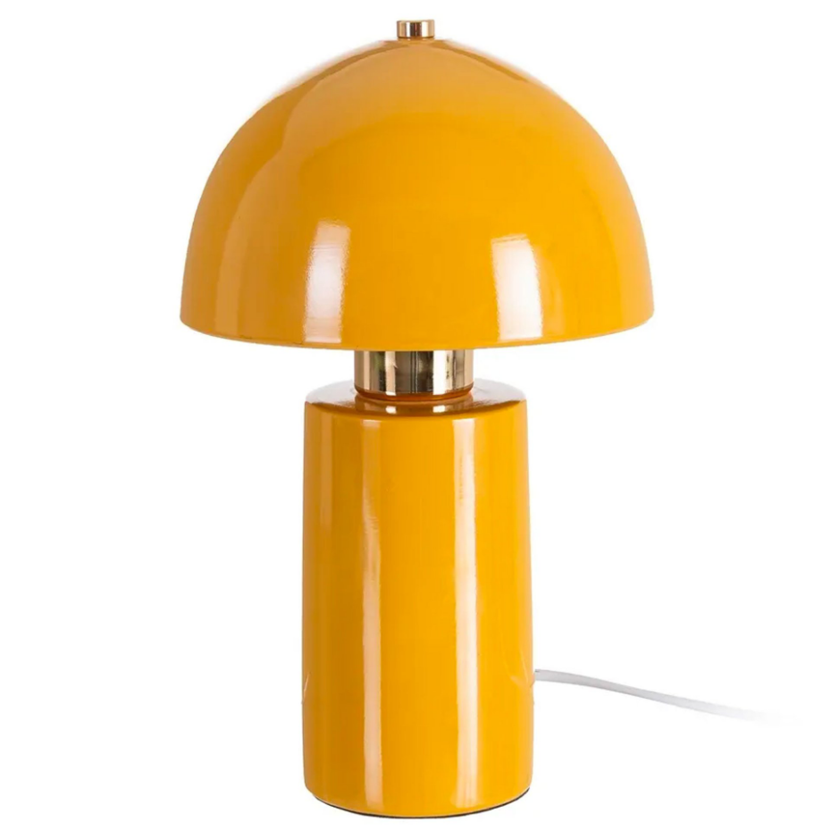 Lampe à poser champignon céramique jaune moutarde et métal doré 17.5x17.5x30.5cm