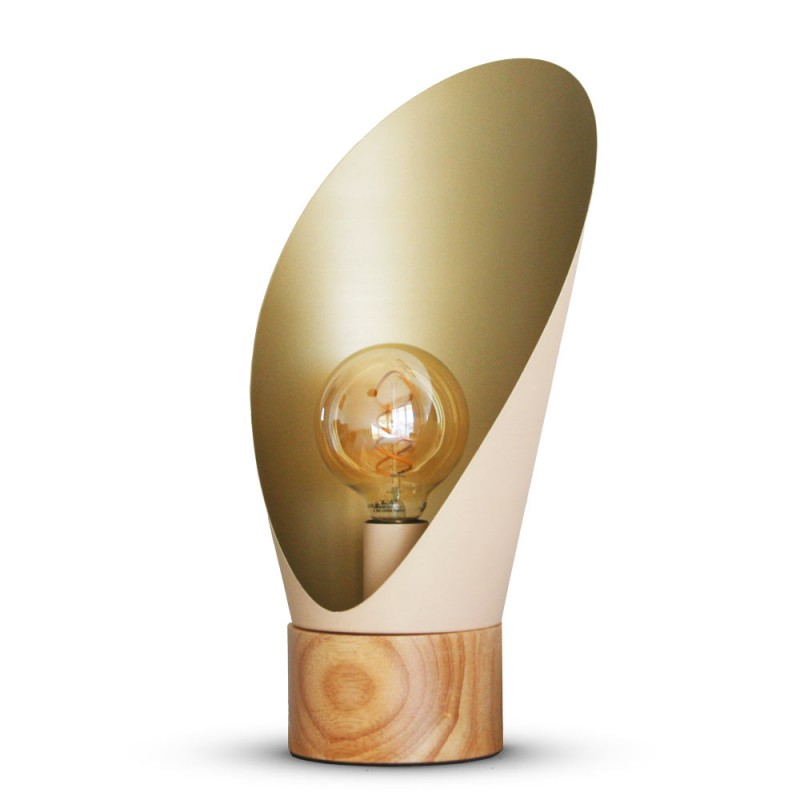 Lampe A Poser Spoon Xl Métal Rose Nude Socle En Bois