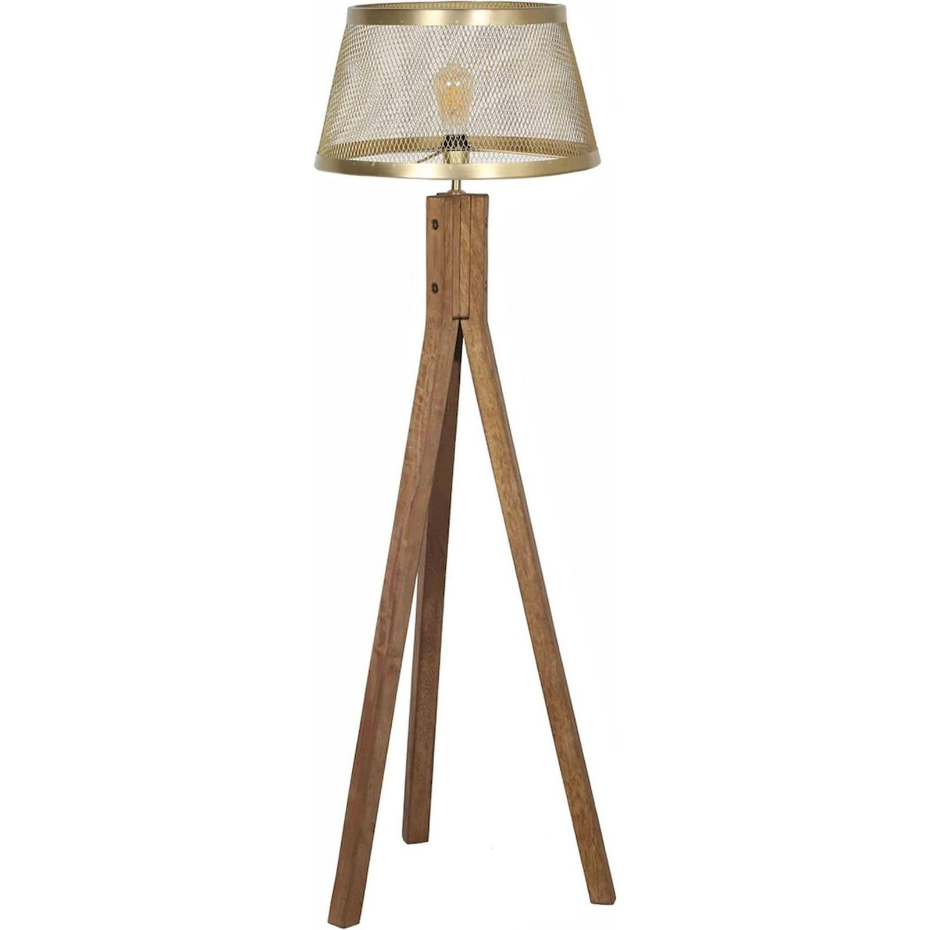 Lampadaire trépied en bois de manguier abat-jour doré