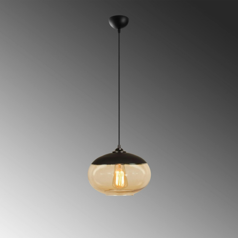 Suspension verre ambré et métal noir, forme ovale SIVAS