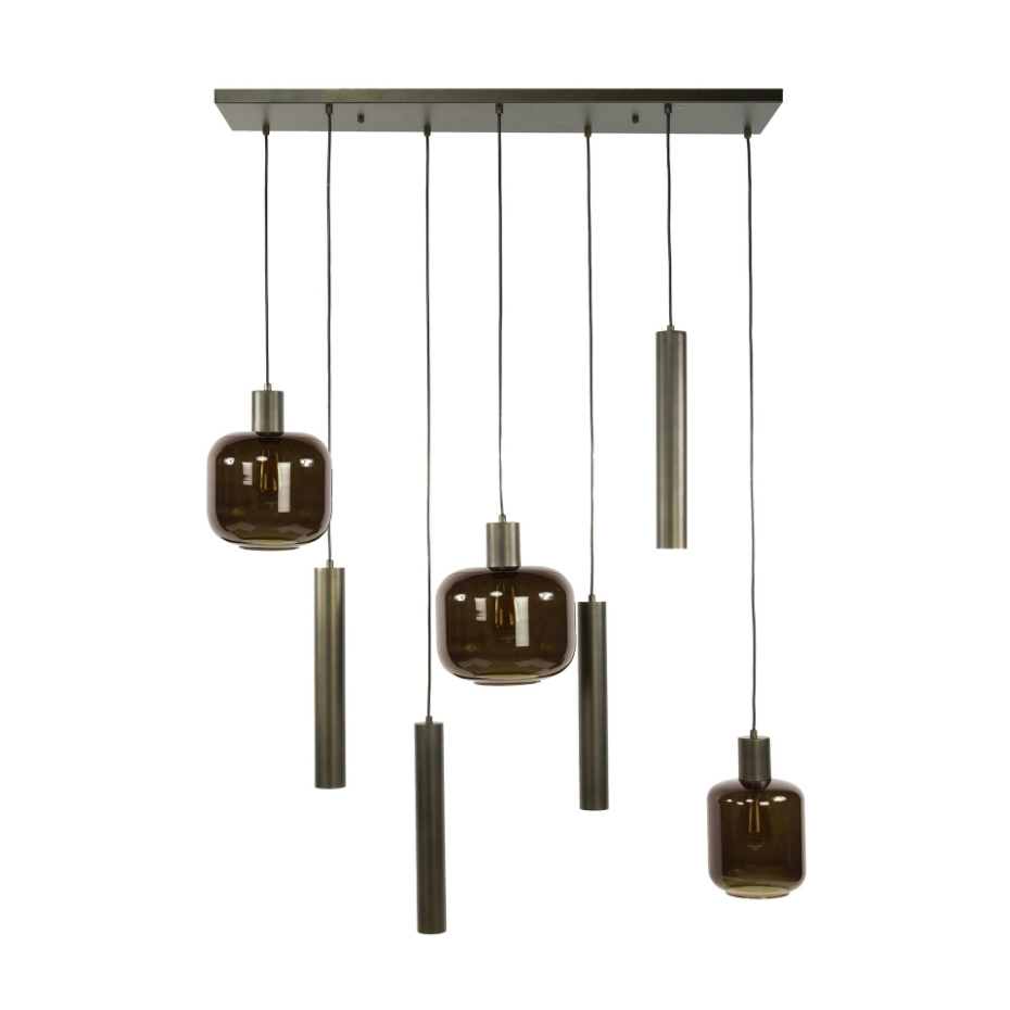 Suspension verre & métal – globes bruns + tubes bronze NOVA