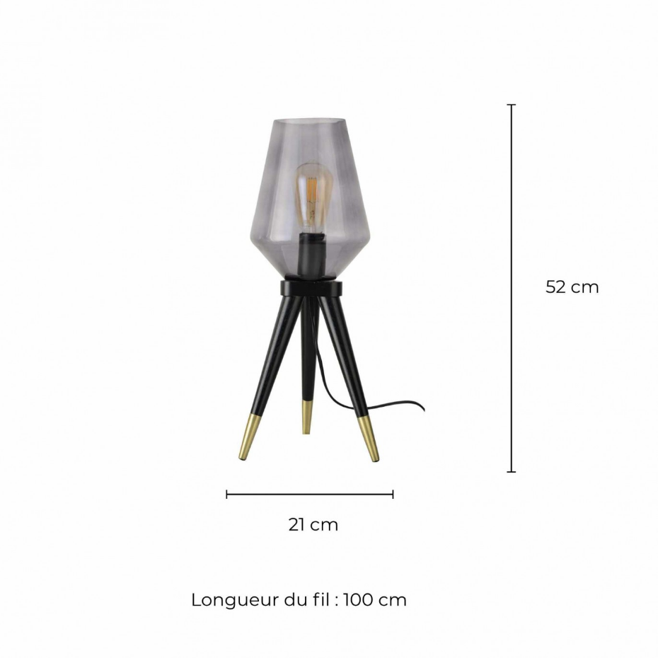 Lampe à poser trépied en bois d'hévéa, verre et métal, TRIBLUE