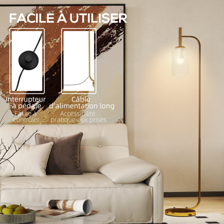 Lampadaire sur pied style rétro H.153 cm métal doré verre texturé