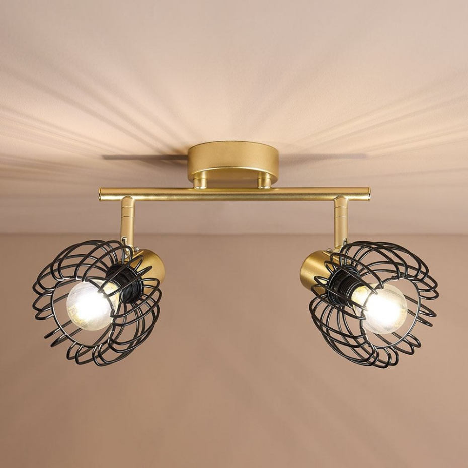 Rampe De Spot Orientable 2 Abat-jour Métal Doré Et Noir