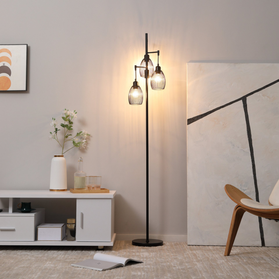 Lampadaire design industriel 3 têtes métal filaire acier noir