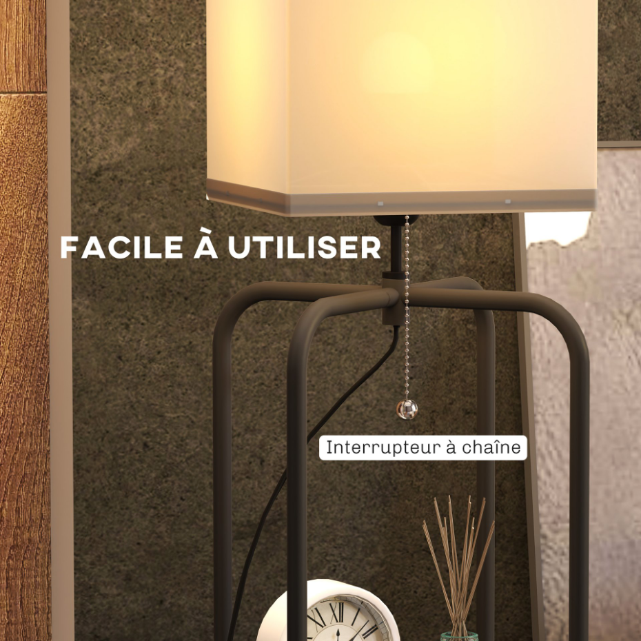 Lampadaire étagères 3 niveaux - interrupteur à tirette - noir blanc