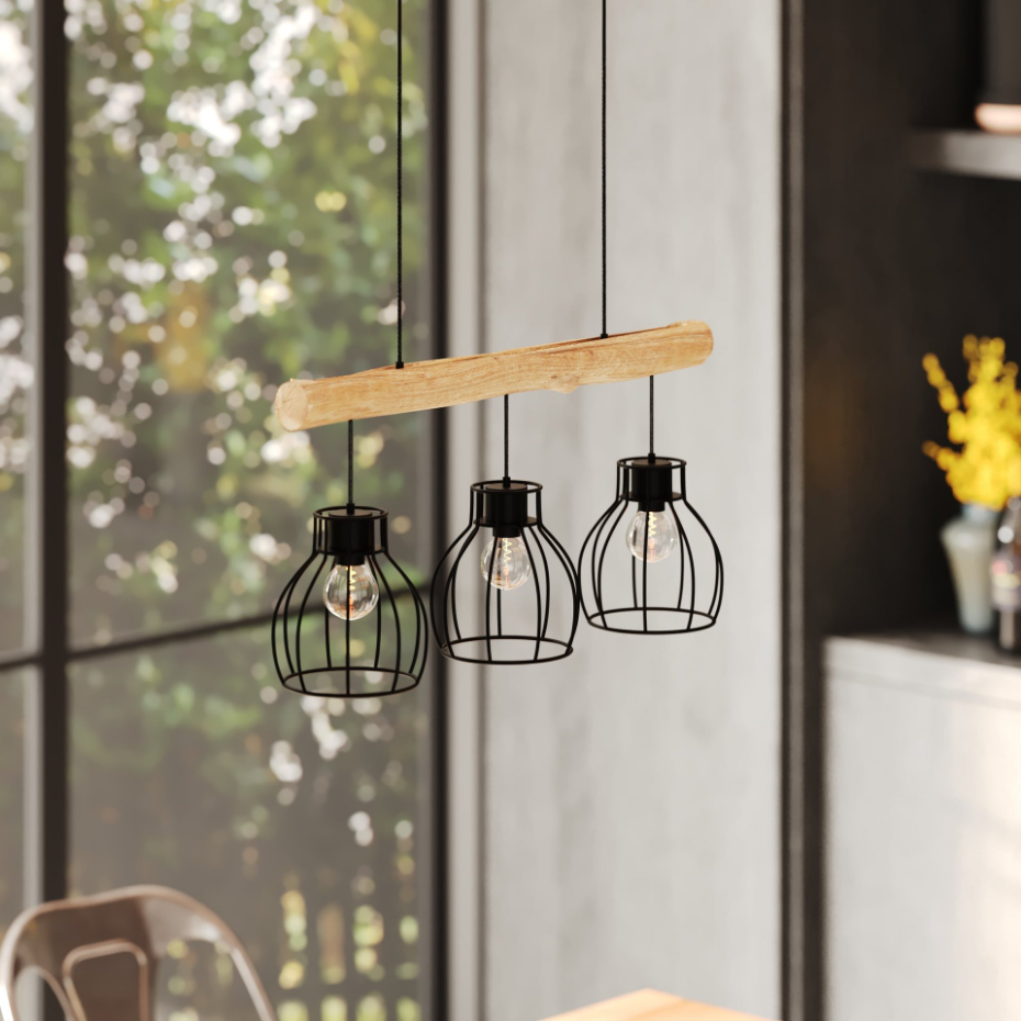 Suspension 3 lampes en bois d'eucalyptus et métal - ABBY