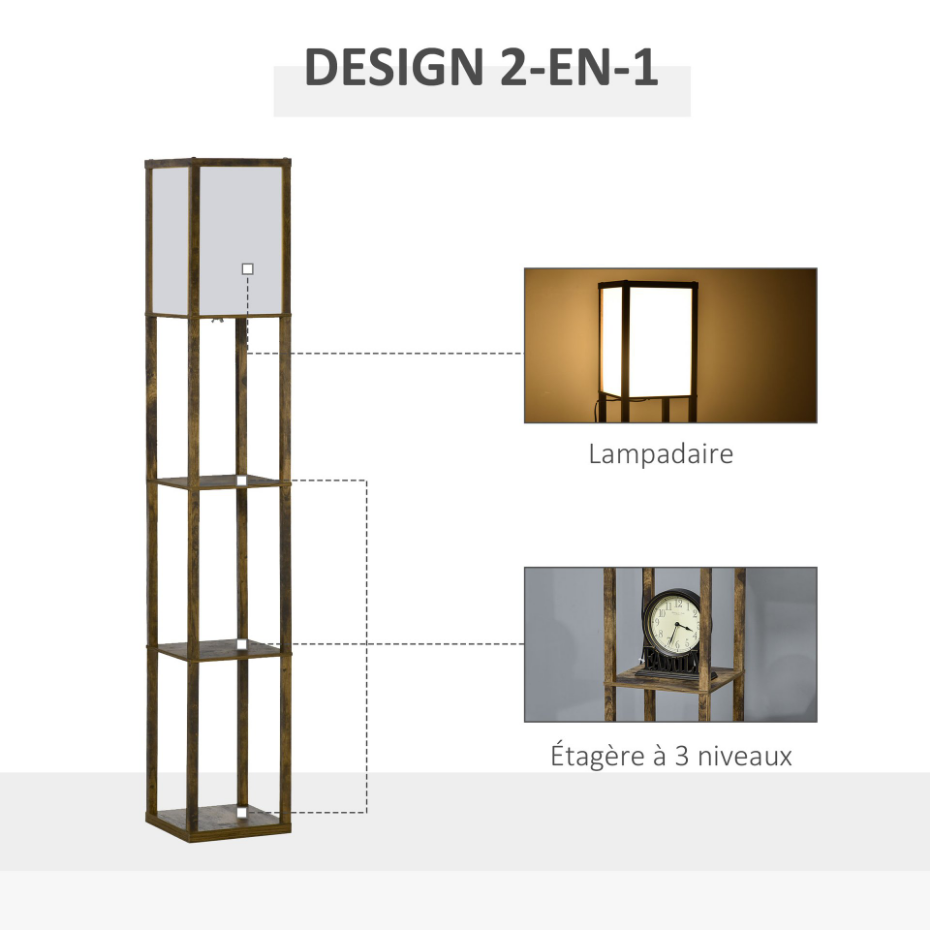 Lampadaire étagères 3 niveaux aspect bois