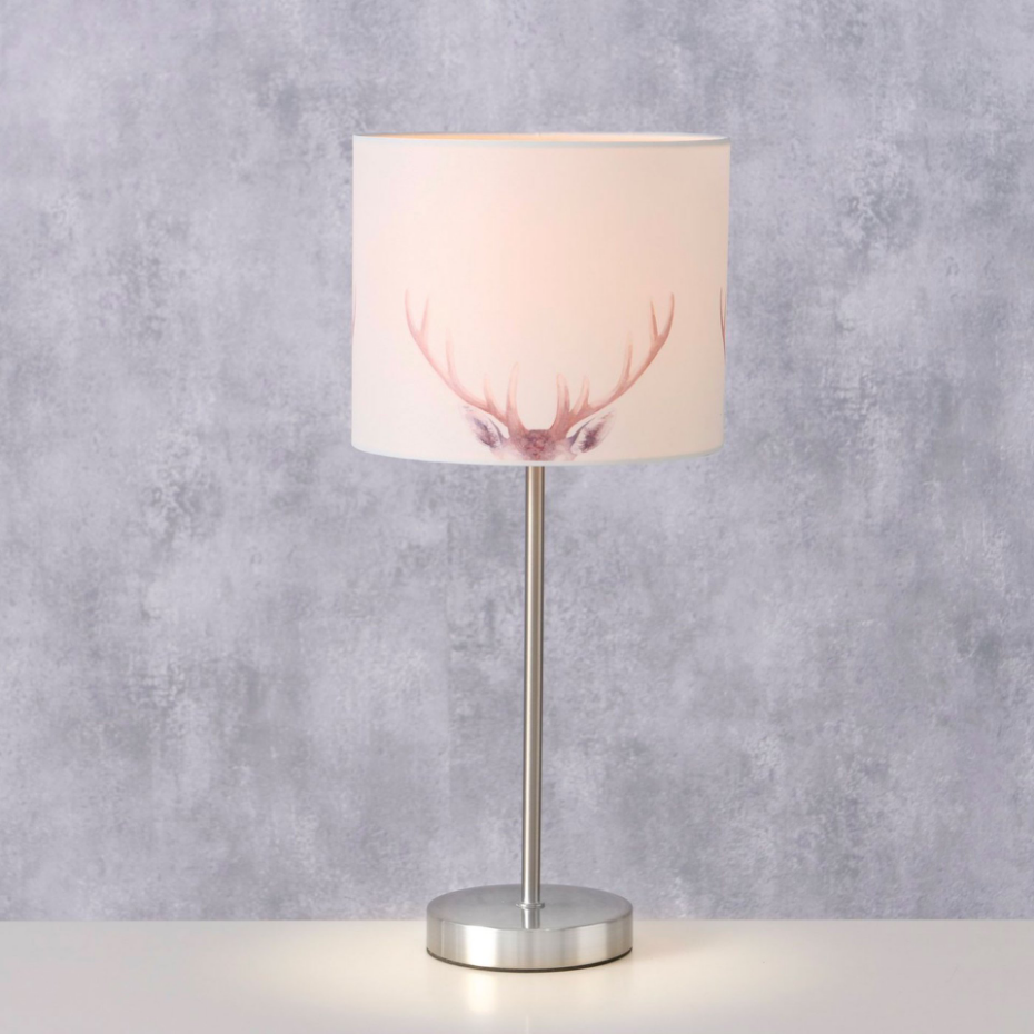 Lampe à poser en métal et abat-jour tissu motif cerf 18x18x40cm