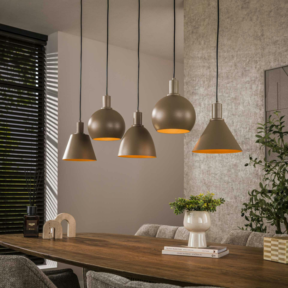 Suspension îlot cuisine 5 abat-jour métal beige TRIBECA