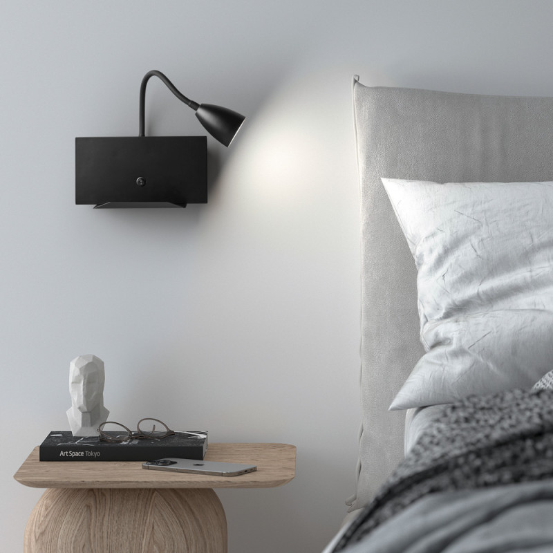 Applique tête de lit Tura métal noir et port USB C
