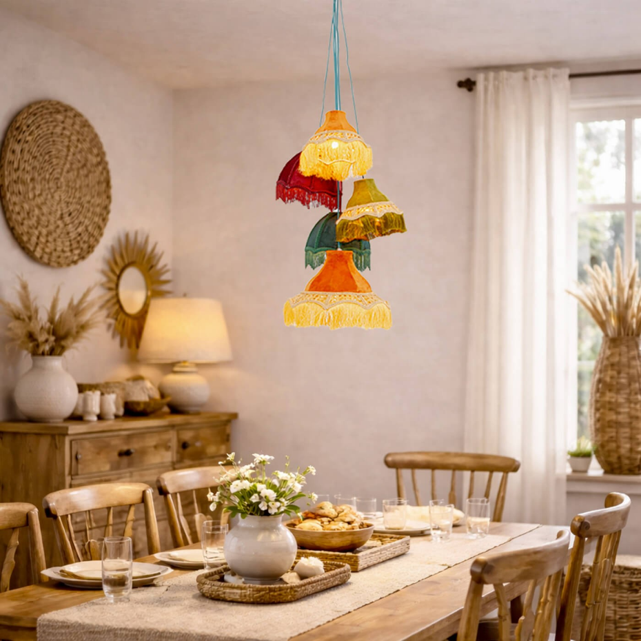 Suspension à franges en soie 5 abat-jours, SALOON