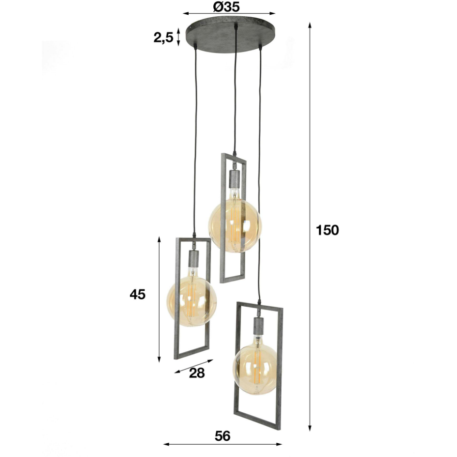 Suspension industrielle graphique 3 lampes cadre métal TRIBECA